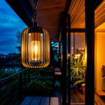 Suspension extérieure cage métallique cylindrique noire, ampoule visible, fixation par chaîne