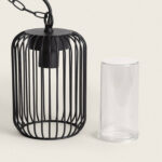 Suspension cage en métal noir, abat-jour cylindrique en verre transparent