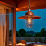 Suspension extérieure aluminium au fini cuivre, abat-jour plat et diffuseur en verre, suspension à chaîne