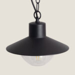 Suspension extérieure en métal noir avec abat-jour conique et globe en verre, montée sur chaîne