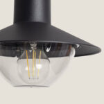 Suspension extérieure en métal noir avec globe en verre transparent et ampoule visible