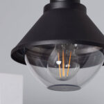 Suspension extérieure métal noir, globe en verre transparent et ampoule à filament visible