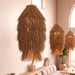 Suspension en fibres naturelles brunes à franges coniques, luminaire suspendu à câble