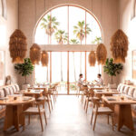 Suspension en fibres naturelles beige à franges superposées, forme arrondie, fixation plafond