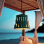 Suspension extérieure vert céladon en métal perforé, abat-jour conique à trous, câble de suspension