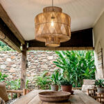 Suspension rotin naturelle à tressage ajouré, forme superposée, câble de suspension apparent, pour éclairage extérieur