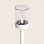 Balise solaire LED effet flamme, corps blanc et diffuseur cylindrique transparent sur piquet