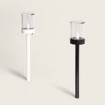 Torche solaire à piquet, modèles noir et blanc, diffuseur cylindrique transparent, effet flamme LED