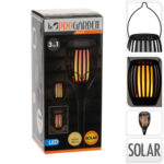 Torche solaire sur piquet effet flamme LED, grillage noir et lueur jaune orangée, pour éclairage extérieur
