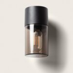 Applique murale extérieure cylindrique aluminium noir mat avec globe en verre fumé et ampoule filament