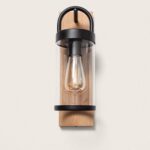 Applique murale bois brun clair, verre cylindrique transparent, supports métalliques noirs et ampoule style filament