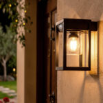 Applique murale extérieure rectangulaire en métal noir avec globe en verre et ampoule visible