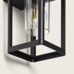 Applique murale noire en métal avec globe de verre cylindrique et structure cage rectangulaire, fixation murale