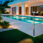 Balise extérieure LED noire sur pique, tube cylindrique mince, éclairage blanc chaud au bord de piscine