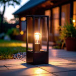 Balise sur pied extérieure en métal noir et verre, forme rectangulaire avec ampoule à filament visible