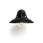 Applique murale noire en métal avec abat-jour large et globe en verre transparent orientée vers le bas